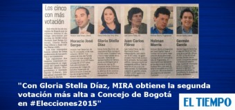 MIRA con Gloria Stella Díaz obtiene la segunda votación más alta a concejo de Bogotá en elecciones del 2015